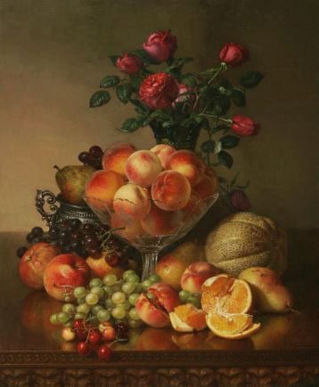 A still life painting featuring a glass bowl filled with peaches, surrounded by grapes, pears, oranges, cherries, melons, and a vase of red roses on a wooden table.