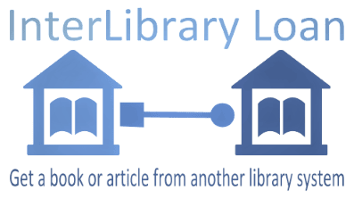 Two blue library icons connected by an arrow, with the text InterLibrary Loan above and Get a book or article from another library system below.