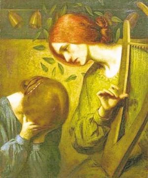 A painting of two women; one with red hair holding a harp, leaning towards the other, who is covering her face with her hands, appearing distressed. The background is yellow-green with leaves and bells.